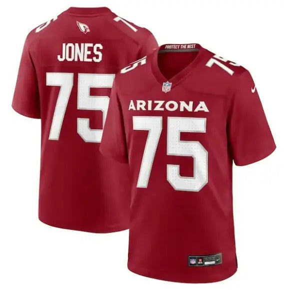 Two red Arizona Cardinals football jerseys with Jones 75 on back and Arizona 75 on front