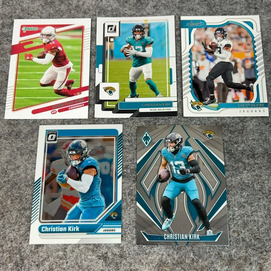 Five Christian Kirk American football trading cards from 2021 to 2024 featuring Arizona Cardinals and Jacksonville Jaguars