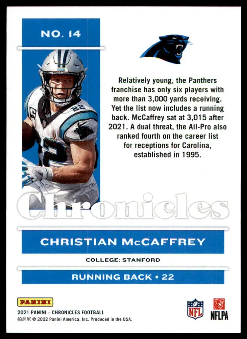 Christian McCaffrey football card from Panini Chronicles 2021 Carolina Panthers series