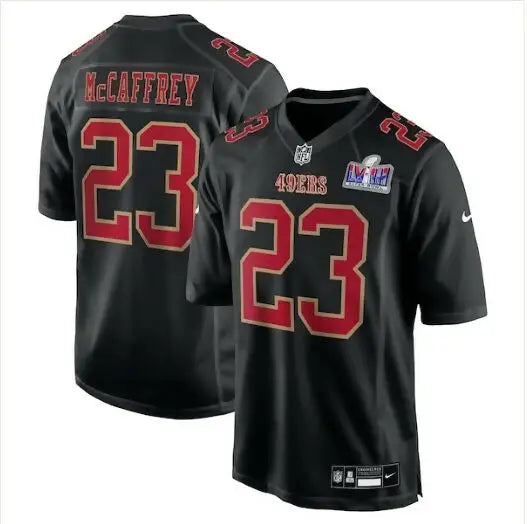 Black San Francisco 49ers Christian McCaffrey #23 football jersey with red numbers and lettering