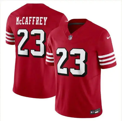 Red San Francisco 49ers Christian McCaffrey #23 Nike Vapor F.U.S.E. Jersey with white and black details