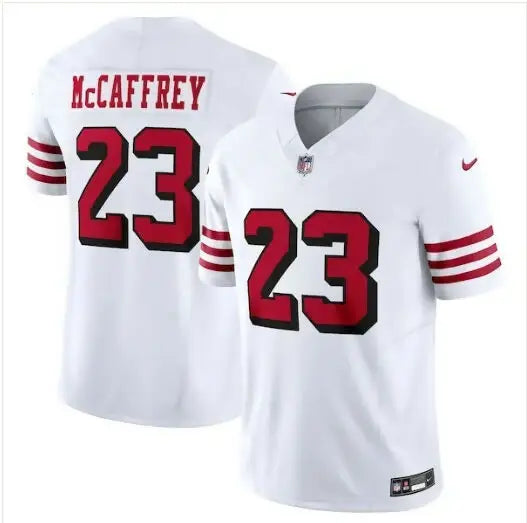 White Christian McCaffrey San Francisco 49ers Nike Vapor F.U.S.E. jersey with red numbers
