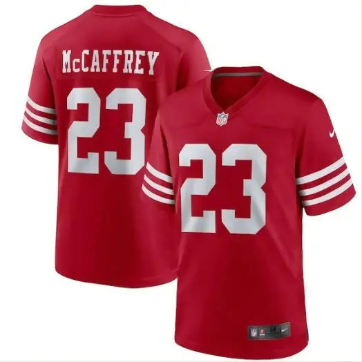 Red Christian McCaffrey San Francisco 49ers youth game jersey with white number 23 and MCCAFFREY on back