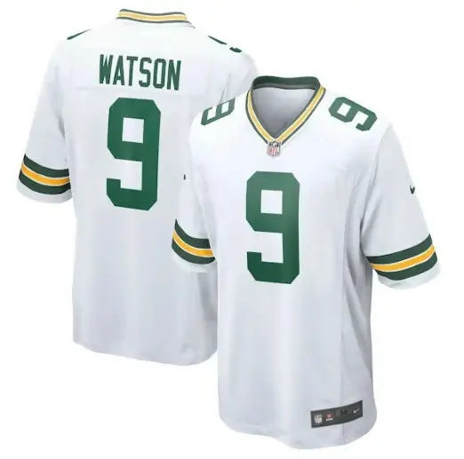 White NFL jersey with green and yellow accents and number 9, Christian Watson Green Bay Packers Nike Game Jersey