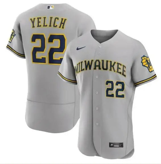 Gray Milwaukee Brewers baseball jersey featuring Christian Yelich Nike Road Authentic logo