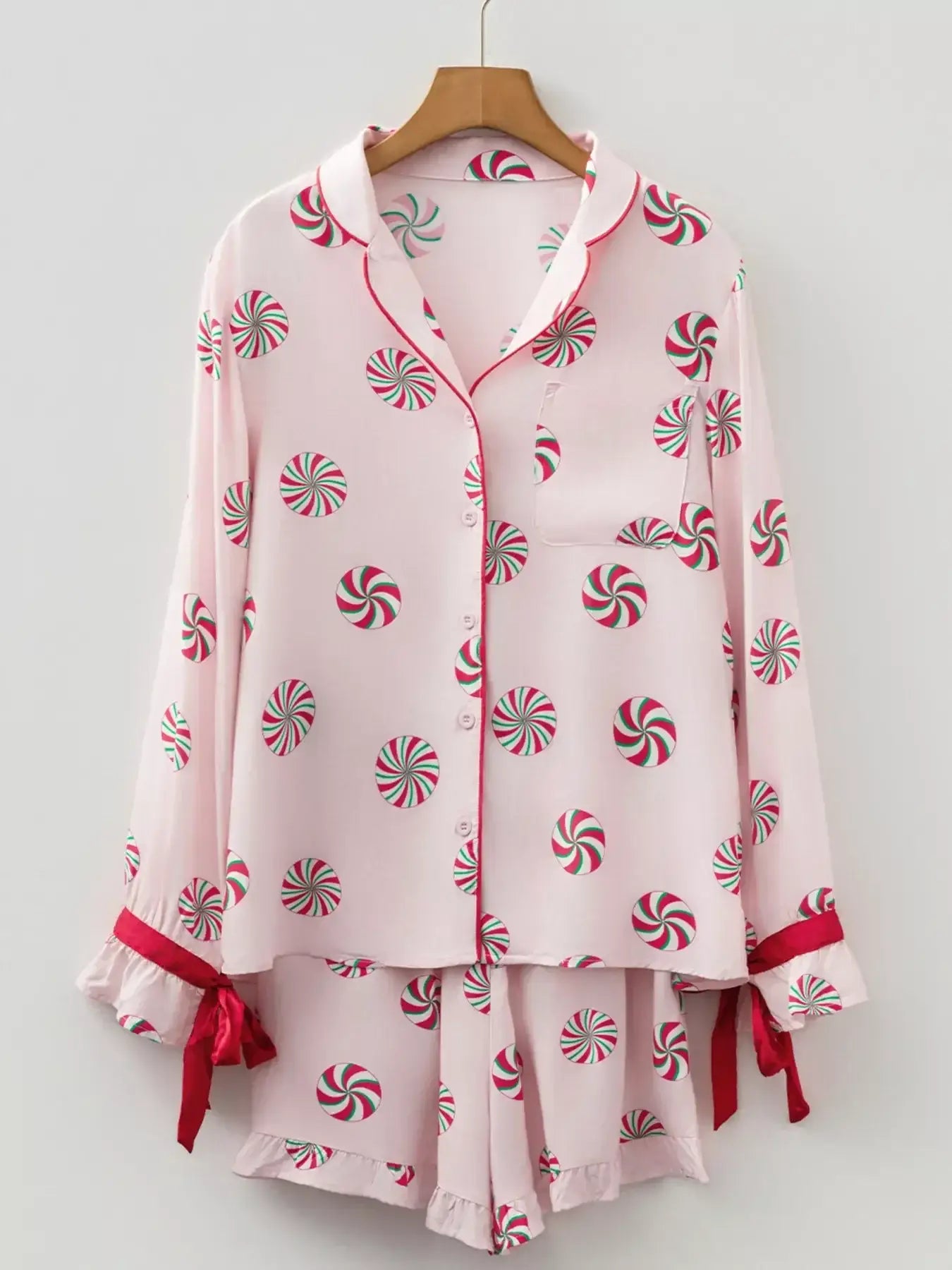 Christmas Candy Contrast Trim Bow Knot Top and Shorts 2pcs Pajama Set