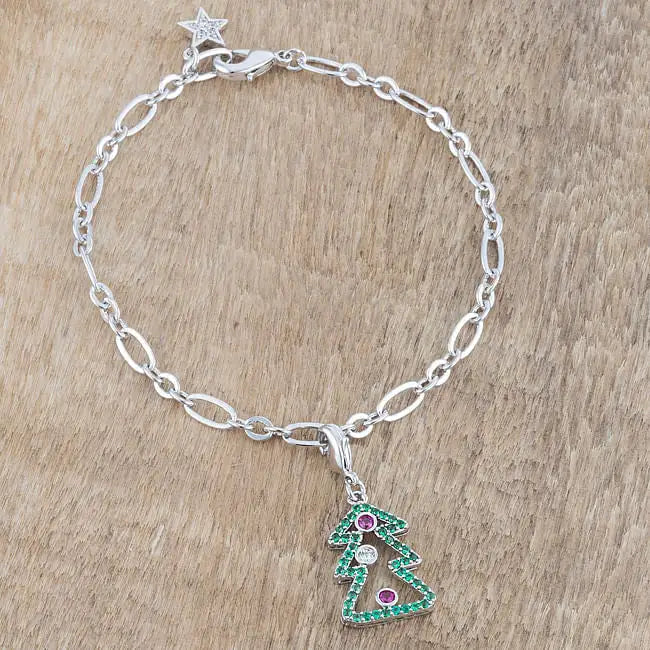 Christmas Tree 0.35ct CZ Rhodium Holiday Charm Bracelet - Bracelets