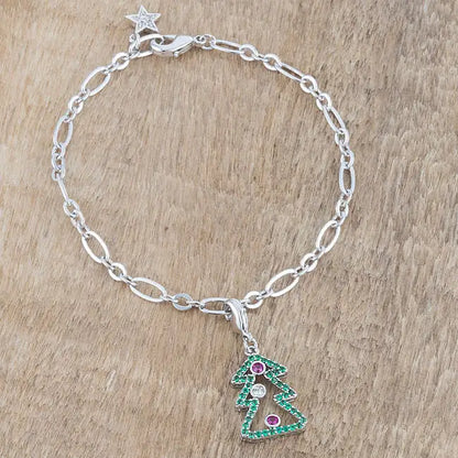 Christmas Tree 0.35ct CZ Rhodium Holiday Charm Bracelet - Bracelets