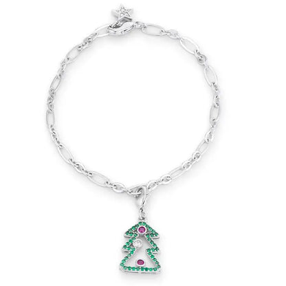 Christmas Tree 0.35ct CZ Rhodium Holiday Charm Bracelet - Bracelets