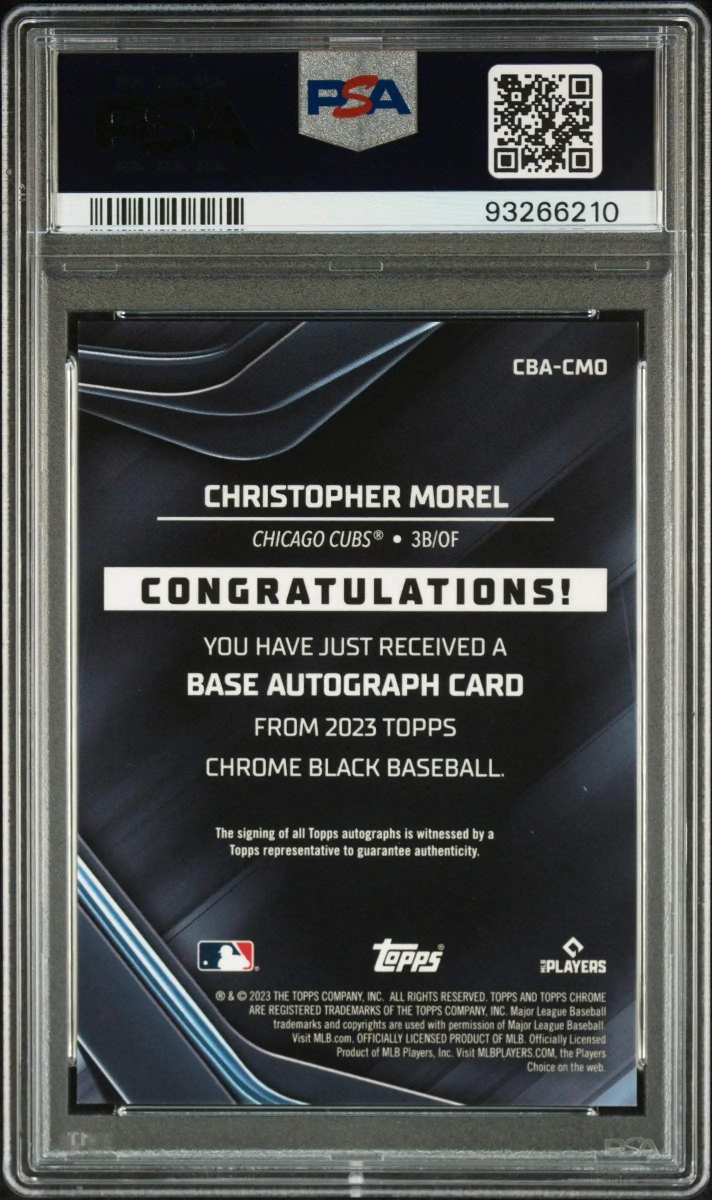 Back side of PSA-graded Topps Chrome Black Gold Auto Christopher Morel card #10/50