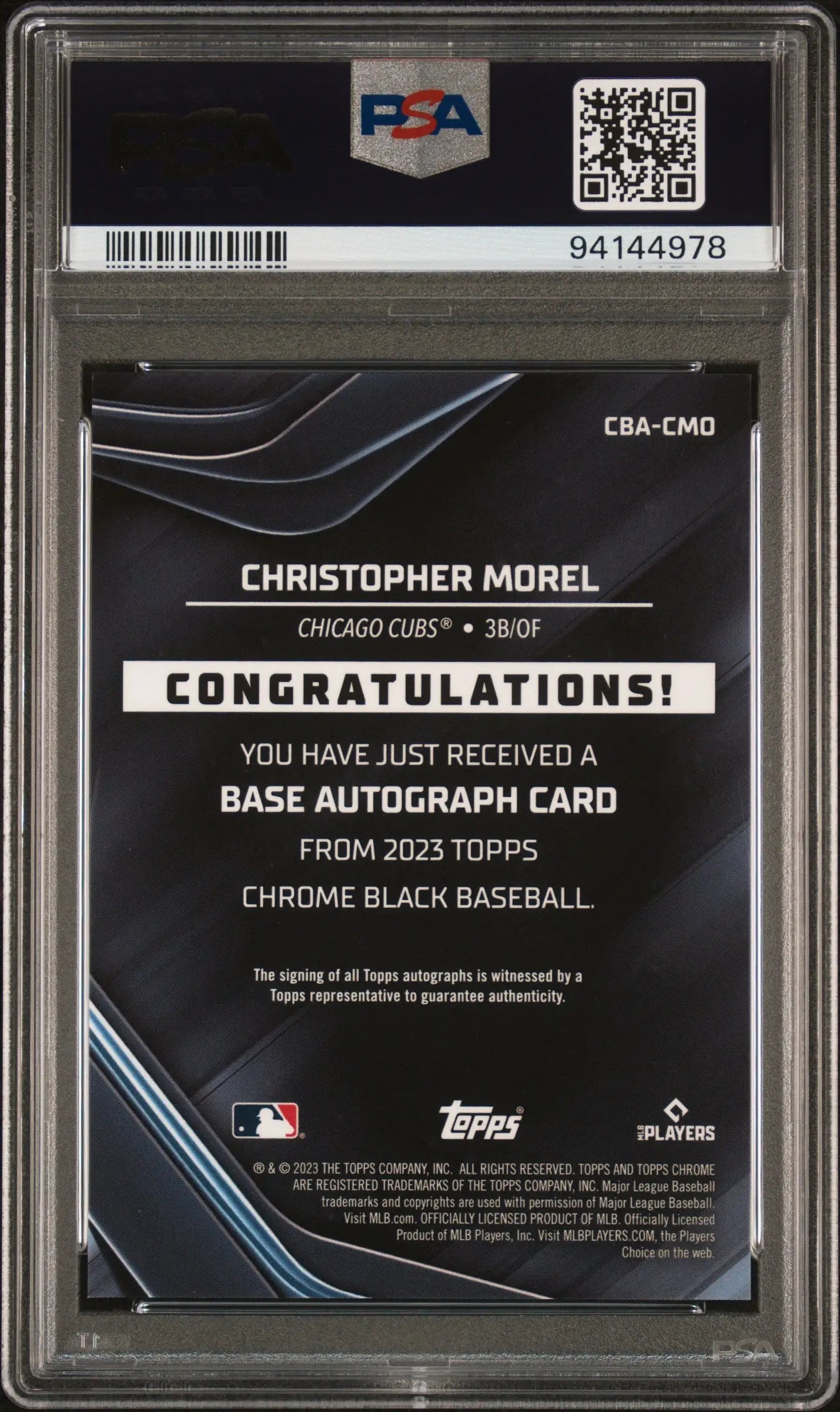 Back of a PSA-graded Topps Chrome Black Orange Refractor Auto showing redemption message