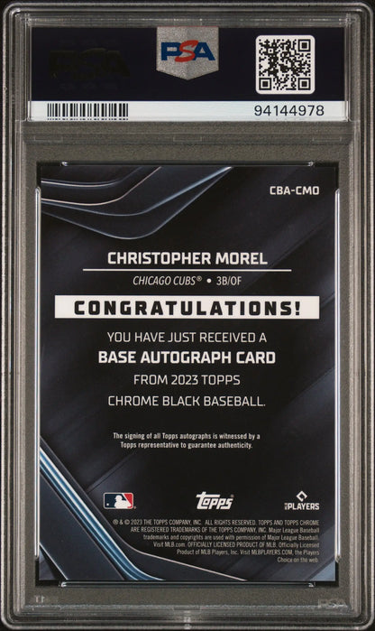 Back of a PSA-graded Topps Chrome Black Orange Refractor Auto showing redemption message