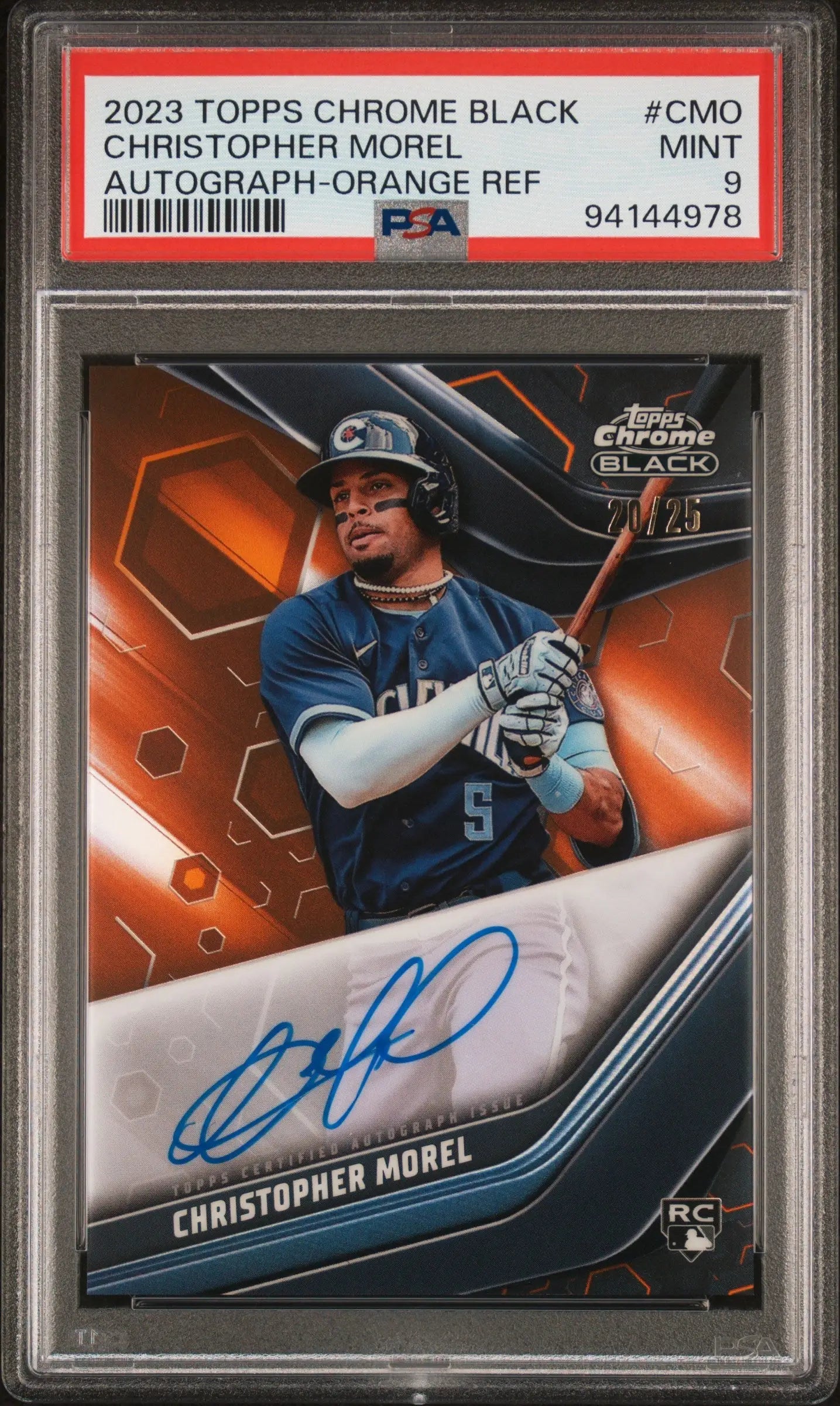 PSA-graded 2021 Topps Chrome Black Orange Refractor Auto Christopher Morel baseball card