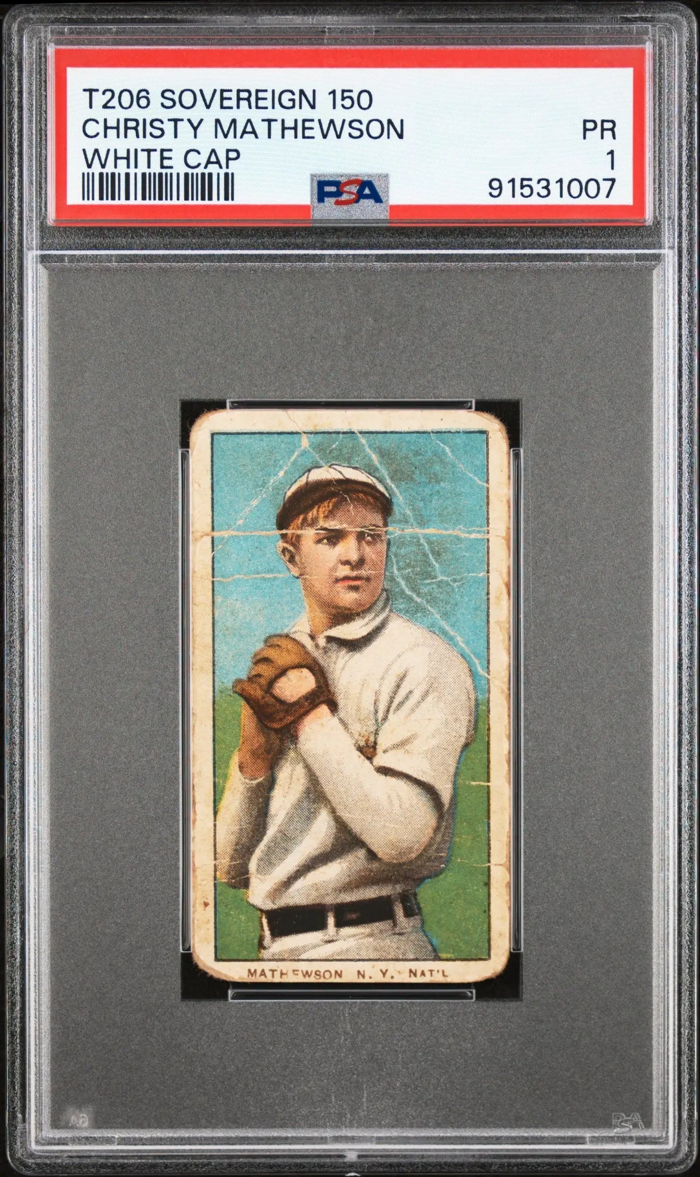 PSA-graded Christy Mathewson White Cap 1909-11 T206 card of a pitcher in action