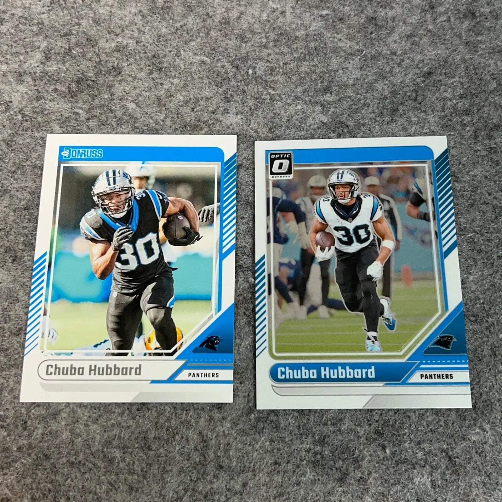 Two Chuba Hubbard Carolina Panthers football trading cards displayed in a 2024 NFL product