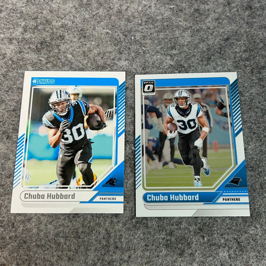 Two Chuba Hubbard Carolina Panthers football trading cards displayed in a 2024 NFL product