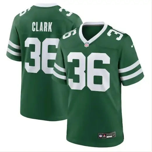 Green football jersey with white 36 number for Chuck Clark York Jets Nike Team Game Jersey
