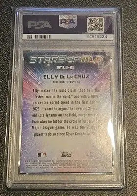 Graded Elly De La Cruz Cincinnati Reds baseball card with small writing inside hat lot