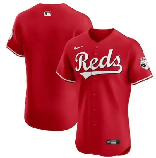 Red Cincinnati Reds Nike Alternate Vapor Premier Elite Patch Jersey displayed indoors