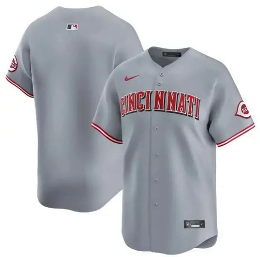 Gray Cincinnati Reds Nike Away Limited Jersey on display