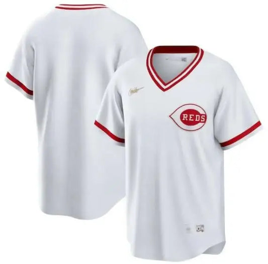 White Cincinnati Reds Nike Home Cooperstown Collection baseball jersey on display