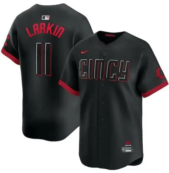 Black Cincinnati Reds baseball jersey displayed in Cincinnati Reds Nike Home Elite Custom Jersey - White