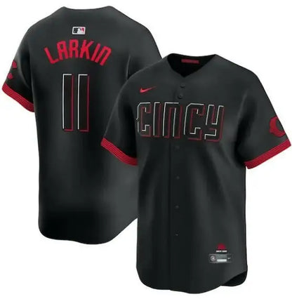 Black Cincinnati Reds baseball jersey displayed in Cincinnati Reds Nike Home Elite Custom Jersey - White