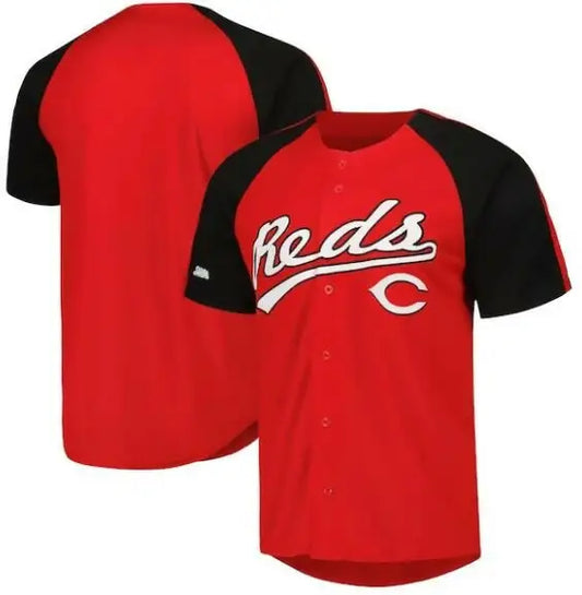 Red and black Cincinnati Reds baseball jersey displayed in Cincinnati Reds Stitches raglan jersey