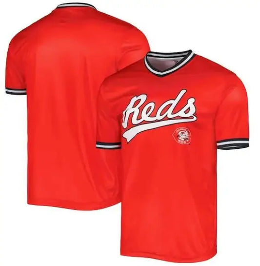 Red Cincinnati Reds baseball jersey from the Stitches Cooperstown Collection Display