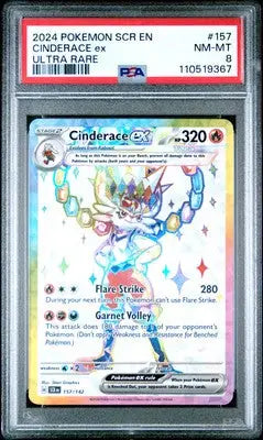 Professionally graded Cinderace ex Ultra Rare Pokémon SCR card in PSA 8 case