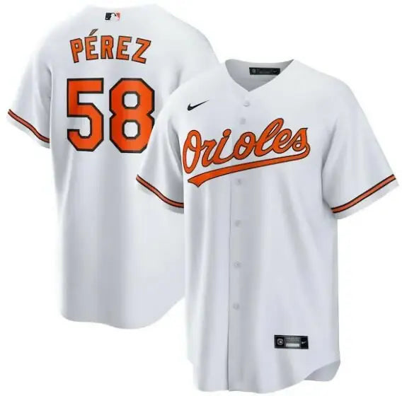 White Orioles baseball jersey featuring Cionel Perez and Nike logo for Baltimore Orioles