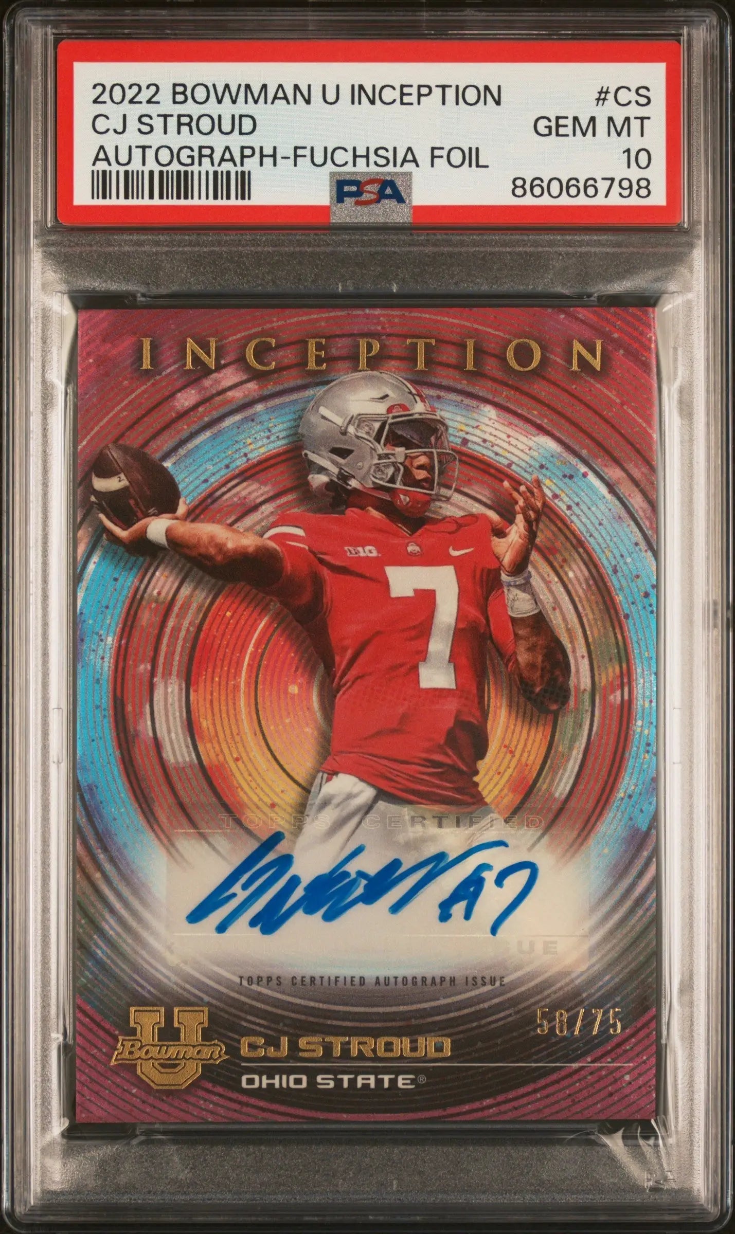 CJ Stroud 2022 Bowman U Inception Fuchsia Foil Auto #58/75 PSA 10 Gem Mint - Singles