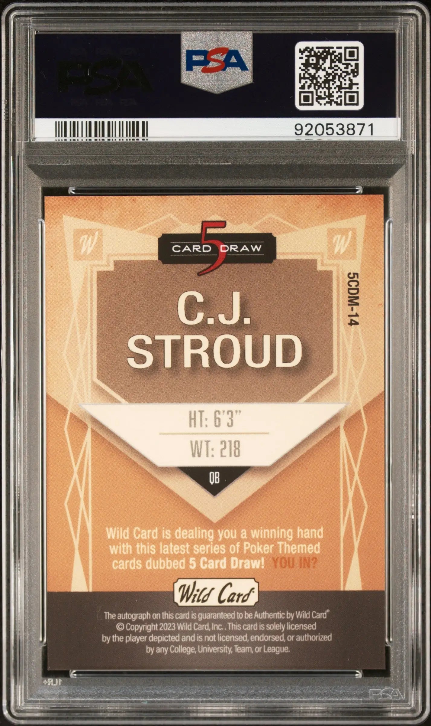 CJ Stroud 2022 Wild Card 5-Card Draw Auto #1/3 PSA 10 Gem Mint - Singles