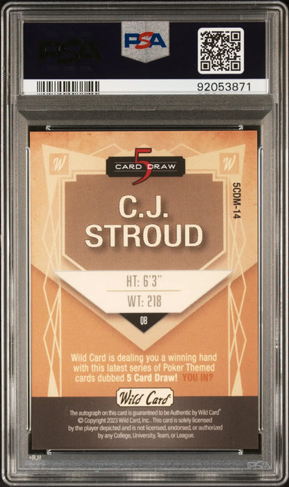 CJ Stroud 2022 Wild Card 5-Card Draw Auto #1/3 PSA 10 Gem Mint - Singles