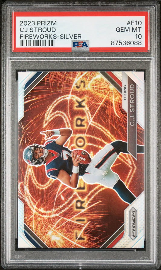 Graded C.J. Stroud football card from Columbia Hobby, Panini Prizm Fireworks Silver PSA 10