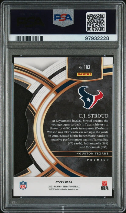 Graded CJ Stroud Houston Texans football trading card with die cut red and yellow prizm PSA