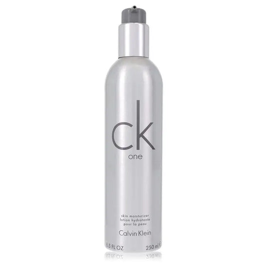 Silver Calvin Klein CK One body lotion bottle with pump dispenser for unisex skin care