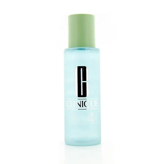 Light blue Clinique Clarifying Lotion 4 with green cap dissolves dead cells for clear skin