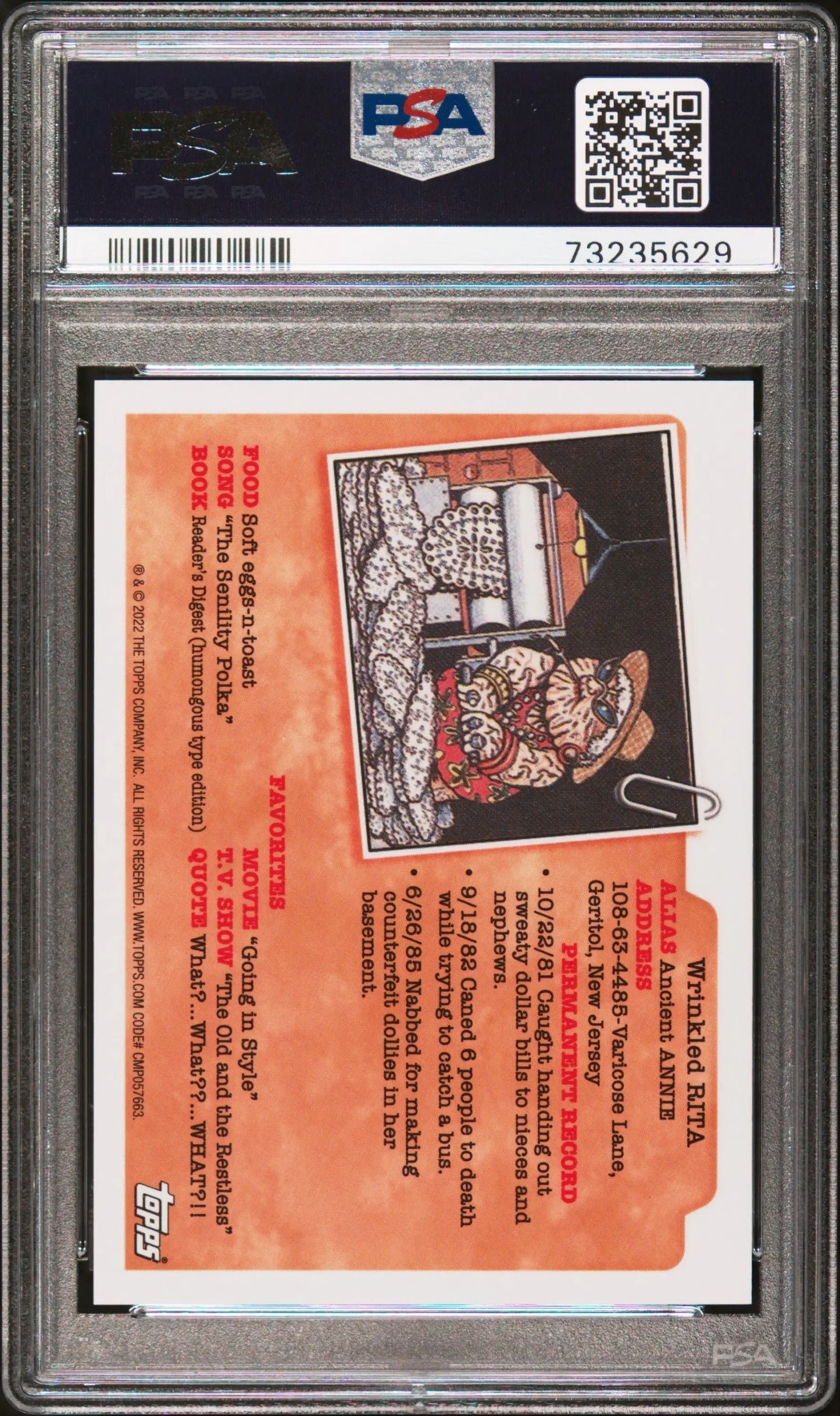 PSA-graded Topps Garbage Pail Kids Sapphire Yellow #45/99 in protective holder
