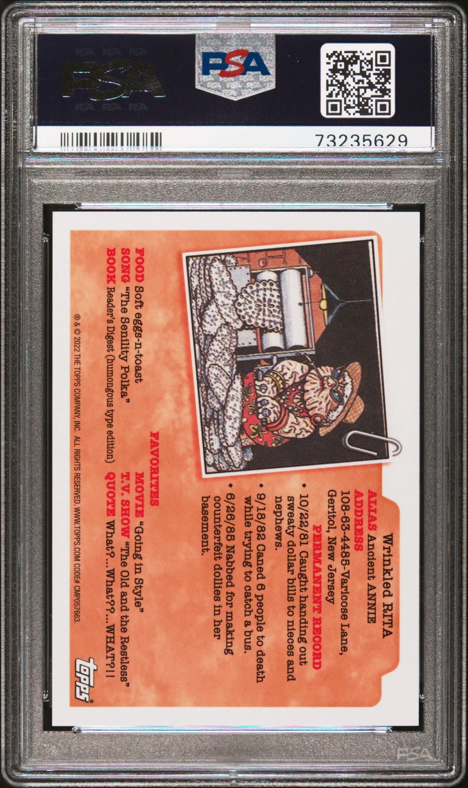 PSA-graded Topps Garbage Pail Kids Sapphire Yellow #45/99 in protective holder