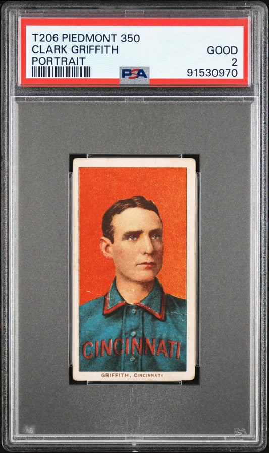 Vintage Clark Griffith Portrait 1909-11 T206 baseball card in PSA holder against orange background