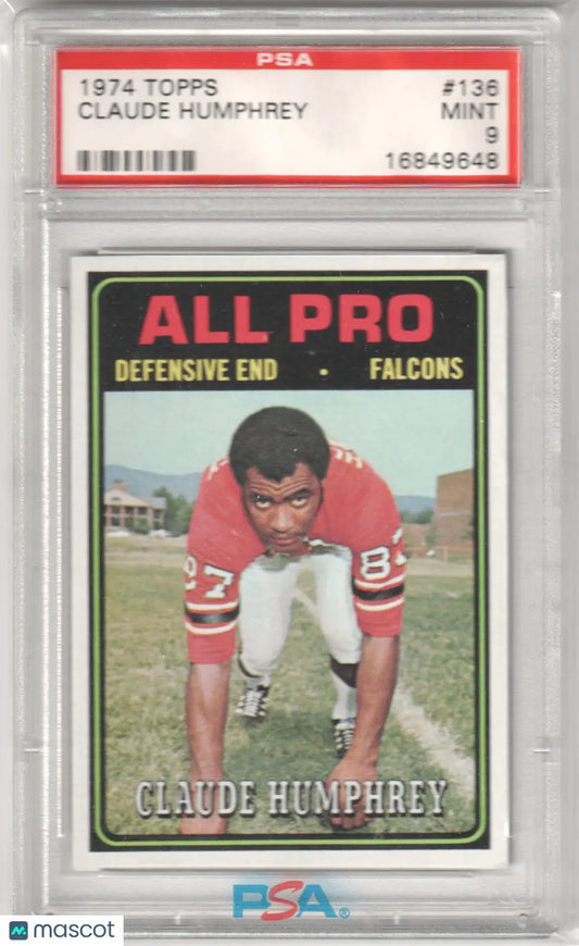 Graded Claude Humphrey 1974 Topps football card from Columbia Hobby with PSA 9 Mint