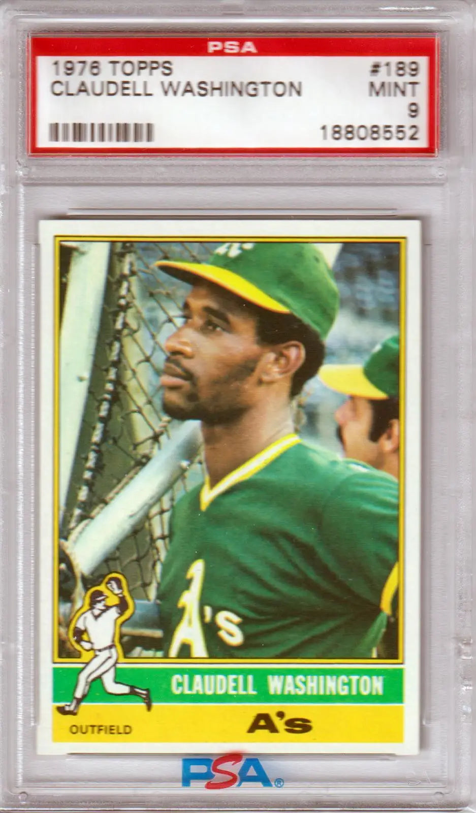 Graded Claudell Washington baseball card from 1976 Topps, PSA 9 MINT, Columbia Hobby