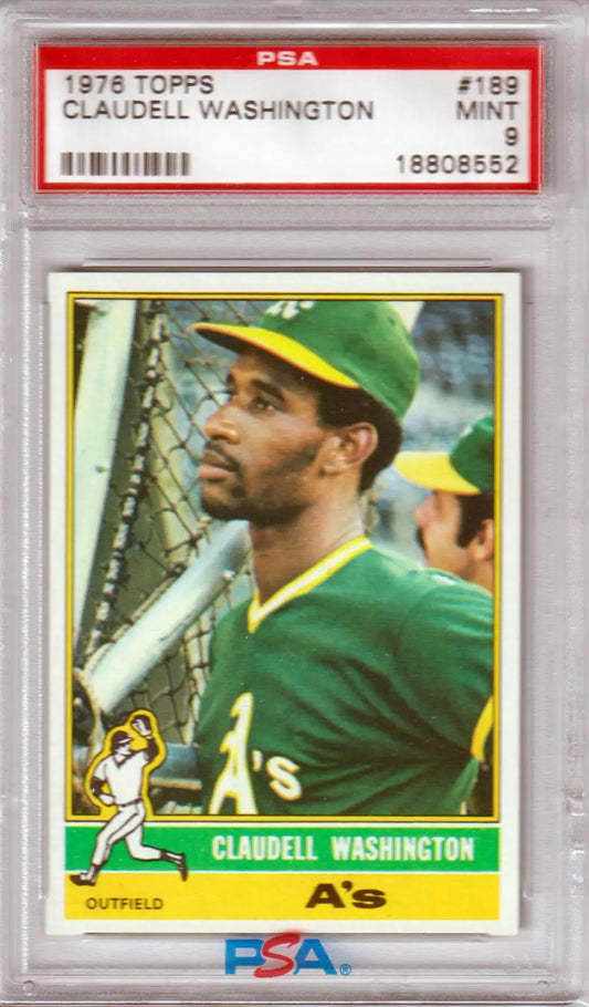 Graded Claudell Washington baseball card from 1976 Topps, PSA 9 MINT, Columbia Hobby