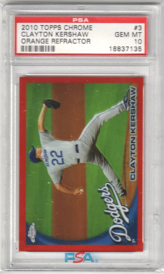 Graded Clayton Kershaw baseball card from Topps Chrome by Columbia Hobby PSA 10