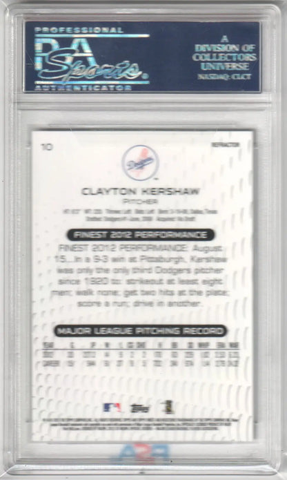Graded Clayton Kershaw 2013 Finest Refractor PSA 10 baseball card at Columbia Hobby