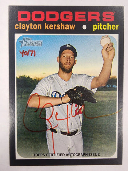 Clayton Kershaw autographed baseball card from Topps Heritage Real One Red Auto series