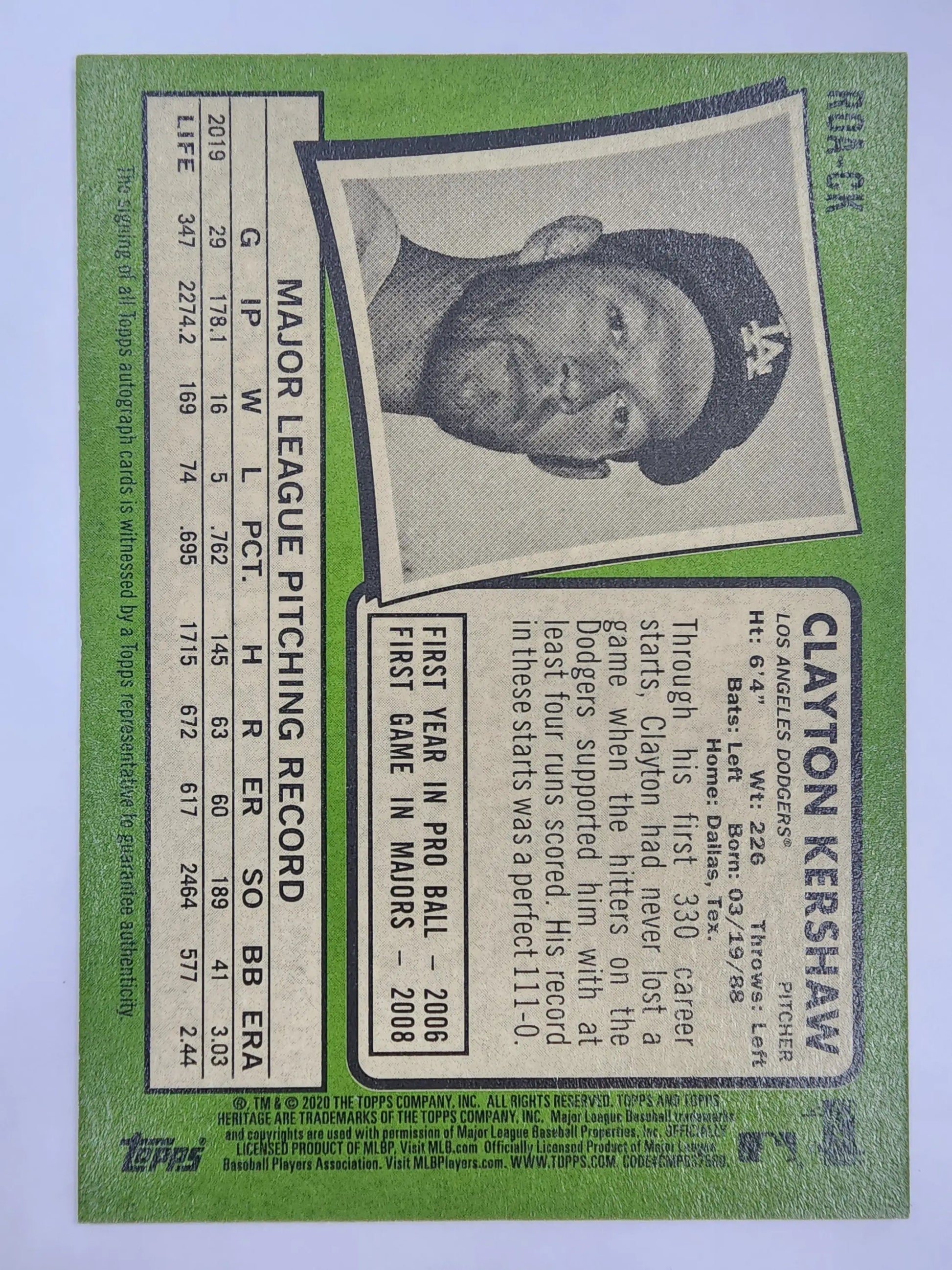 Clayton Kershaw 2020 Topps Heritage Real One Red Auto baseball card