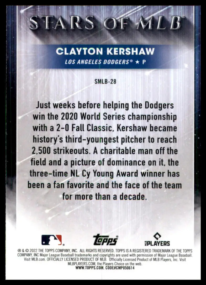 Clayton Kershaw 2022 Topps Stars of MLB baseball card featuring Los Angeles Dodgers