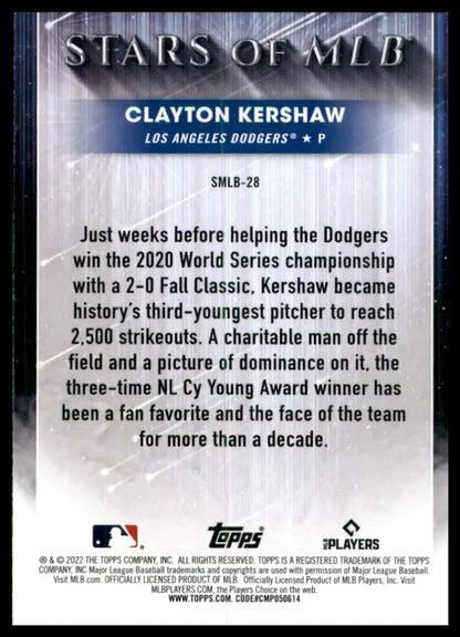 Clayton Kershaw 2022 Topps Stars of MLB baseball card featuring Los Angeles Dodgers
